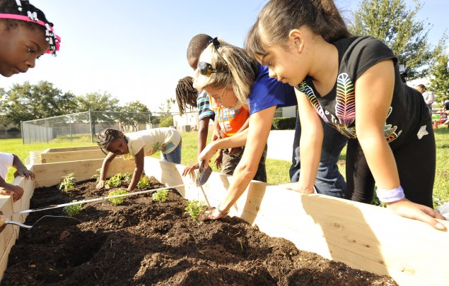 Students plant the Healthy Living Garden at Orange Center Elementary (Orlando Health)