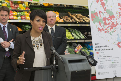 Baltimore Mayor Stephanie Rawlings-Blake speaks at a press conference on the release of Johns Hopkins’ Food Environment Report and Map in 2015
